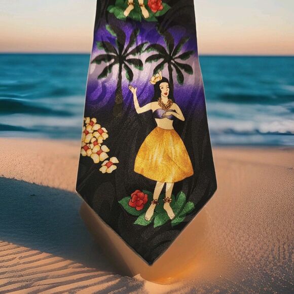 Steven Harris Mens Hula Dancer Hawaii Palm Tree Sunset Beach Tie Hand Made - Picture 3 of 14